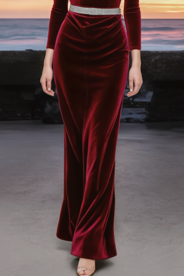 Evening Dress Burgundy Square Neck Velvet Belted Maxi Dress