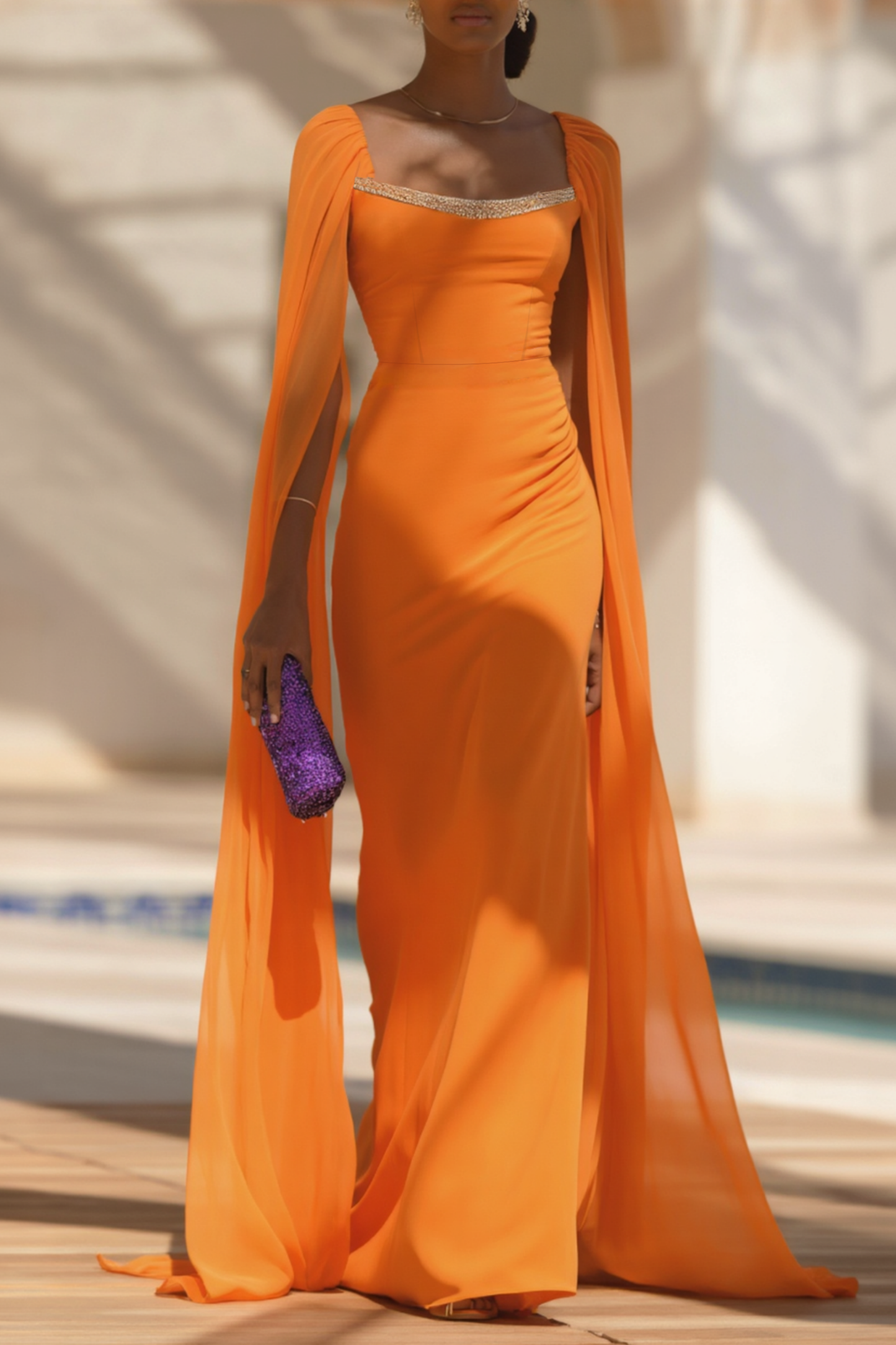 Evening Formal Cape Dress Orange Square Neck Colorblock Floor-Leng