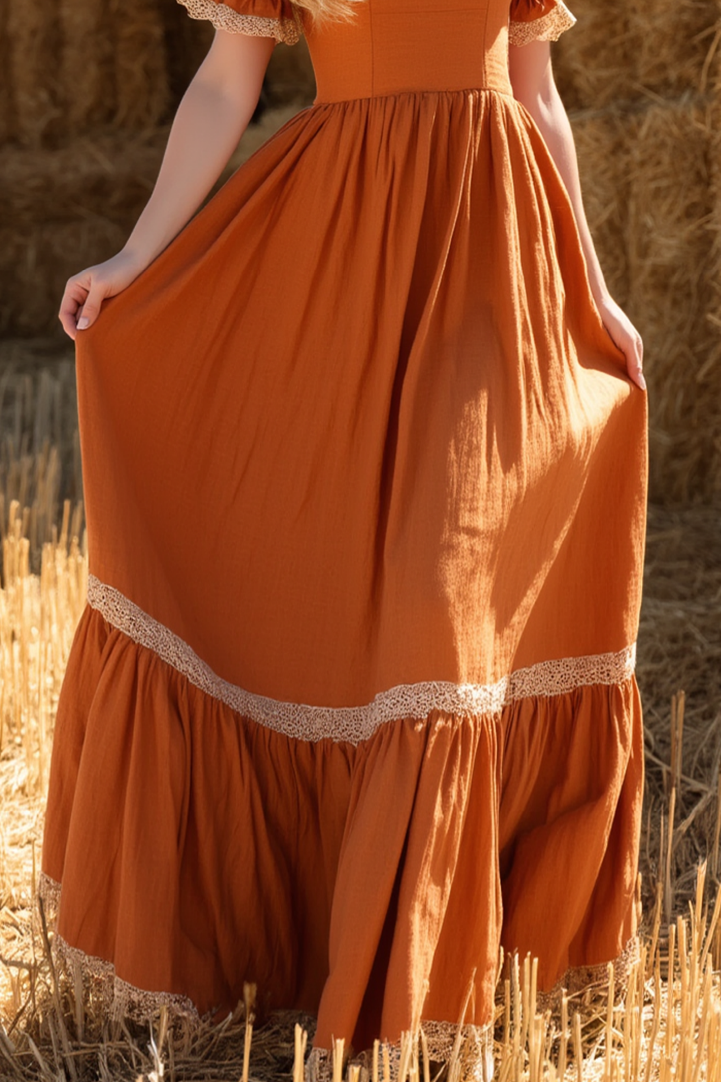Bohemian Vacation Dress Orange U Neck Short Sleeve MaxiDress