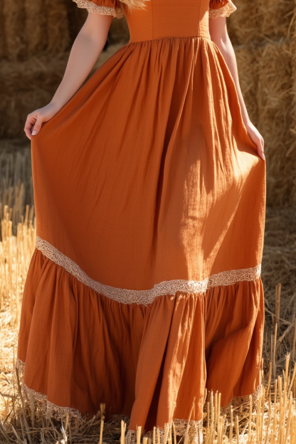 Bohemian Vacation Dress Orange U Neck Short Sleeve MaxiDress