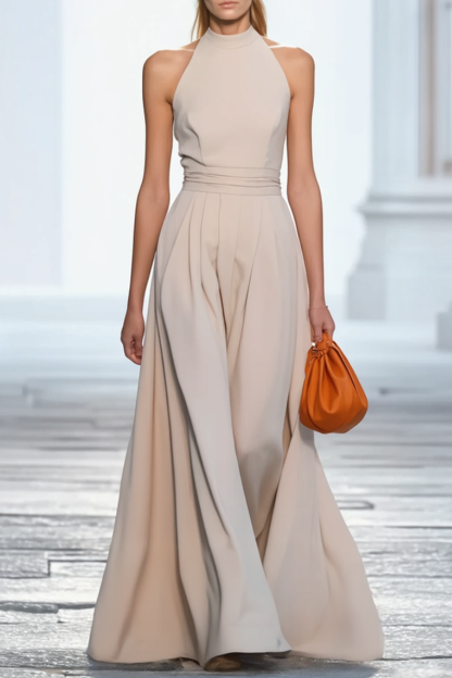 Evening Formal Dress​​ Apricot Halter Neck Floor-Length Dress