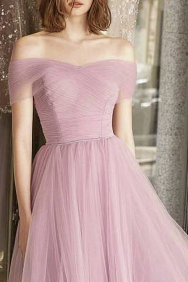 Formal ​Evening Dress Pink Off Shoulder Mesh Maxi Dress