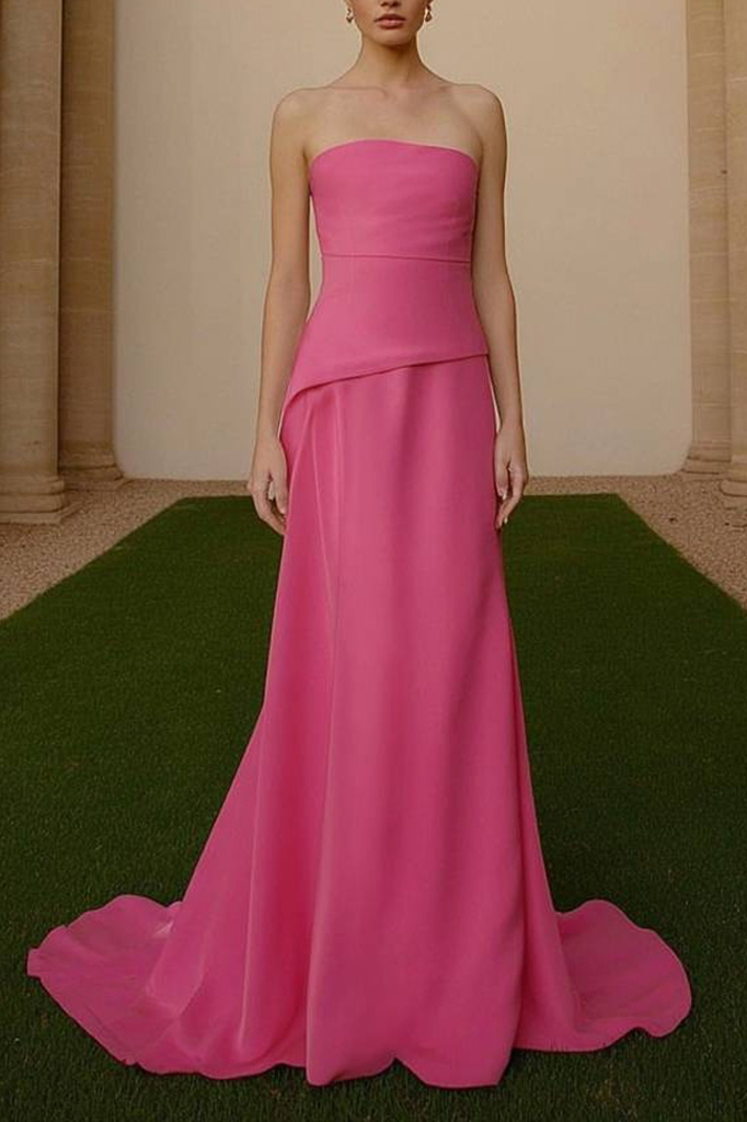 Formal ​Evening Dress Neon Pink Strapless Maxi Dress