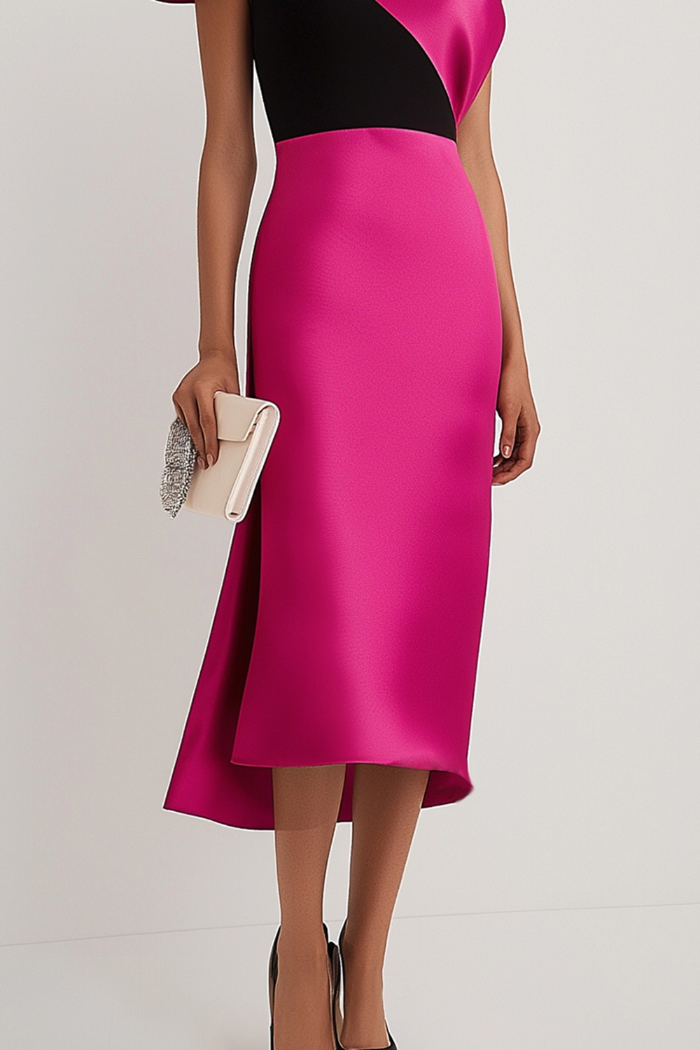 Formal Evening Pink Black One-Shoulder Dress Asymmetrical Ruffle Satin Dress