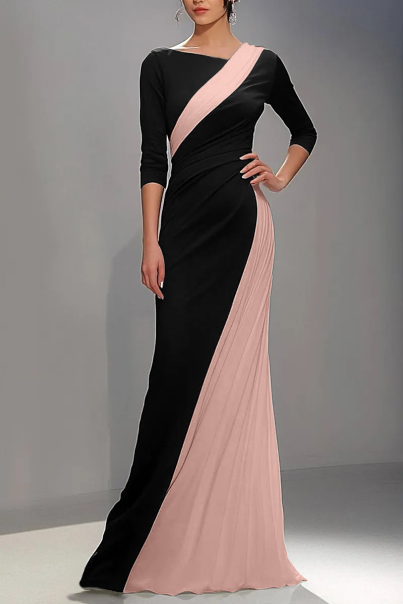 Formal Evening Gown Black White Long-Sleeve Floor-Length Maxi Dress