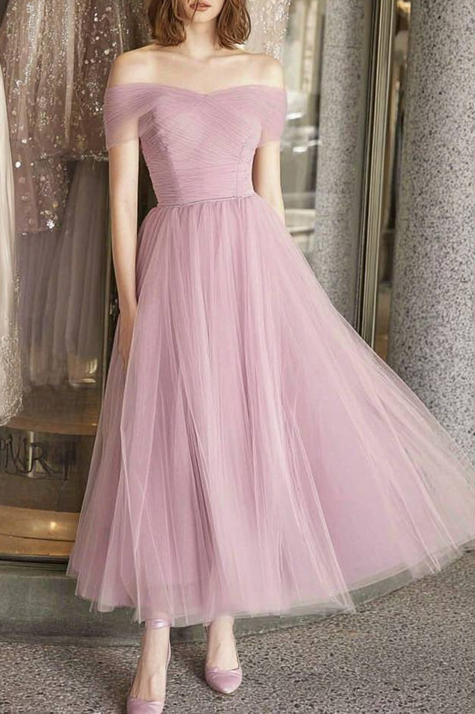 Formal ​Evening Dress Pink Off Shoulder Mesh Maxi Dress