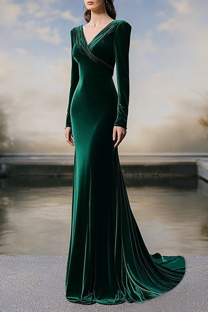 Formal Dress Green V Neck Velvet Maxi Dress