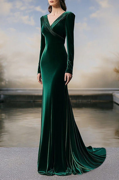 Formal Dress Green V Neck Velvet Maxi Dress