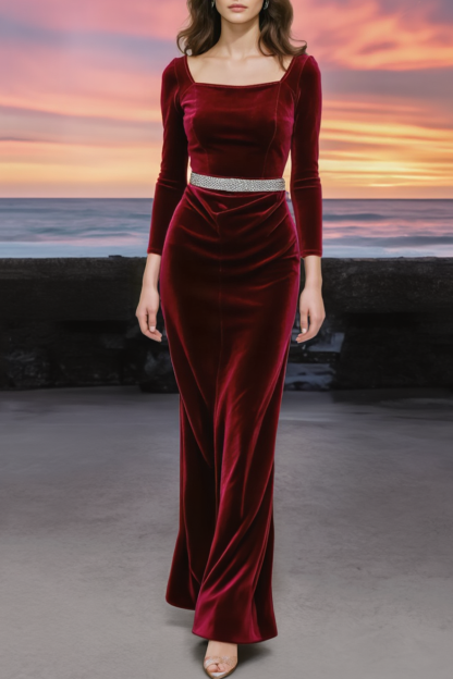 Evening Dress Burgundy Square Neck Velvet Belted Maxi Dress