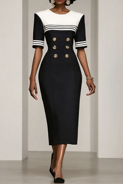 Work Dress Black White Crew Neck Colorblock Midi Dress