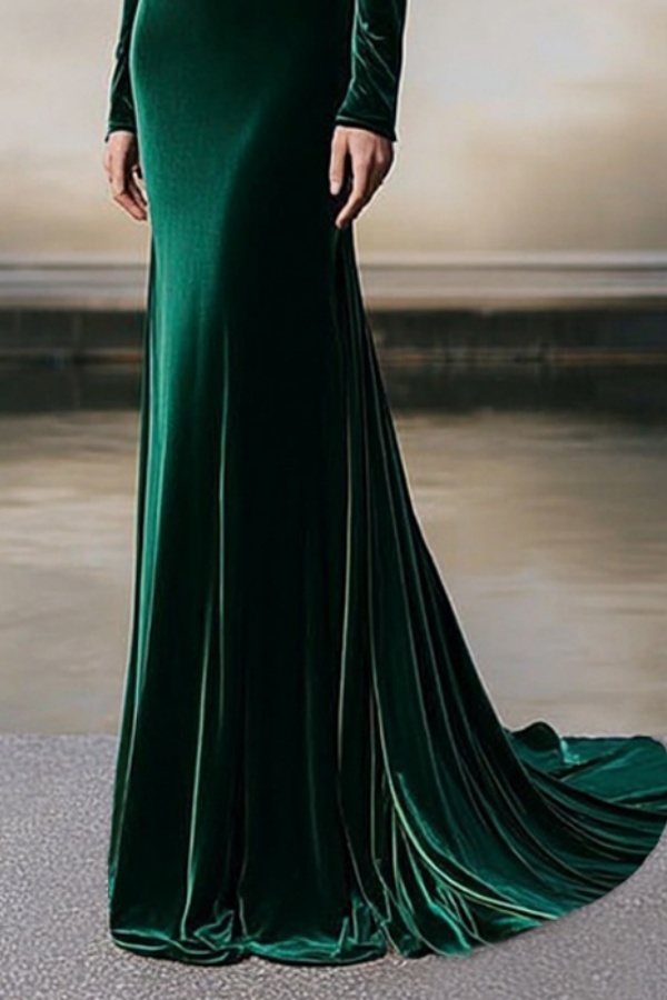Formal Dress Green V Neck Velvet Maxi Dress