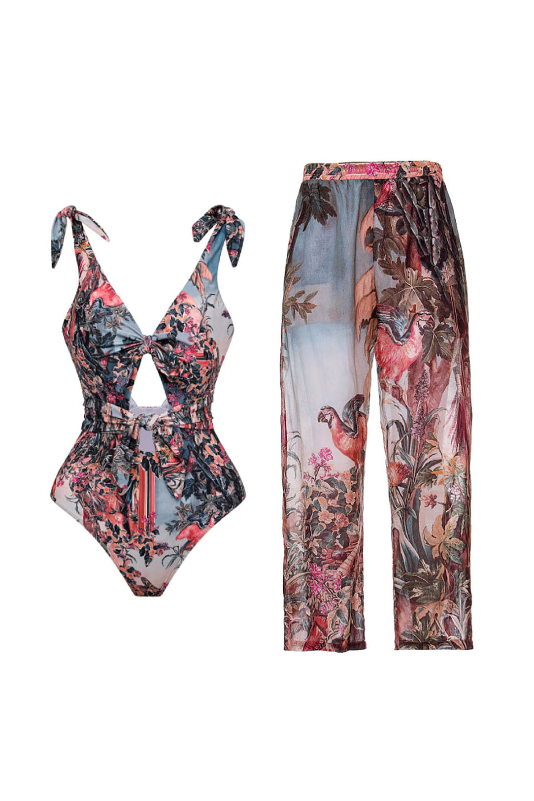 3D Black and White Houndstooth V-Neck One Piece Swimsuit and Wrap Skirt Cover-Up