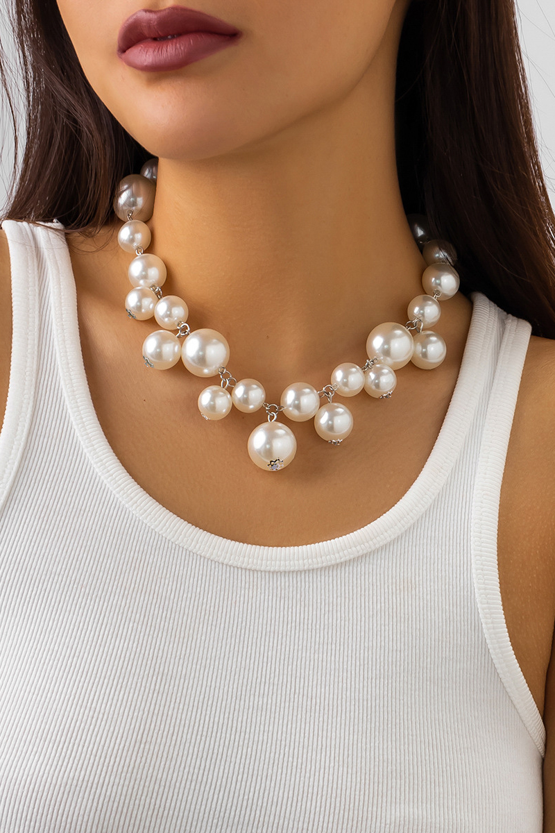 Large Beads Short Pearl Necklace Tassel Choker-chiclody