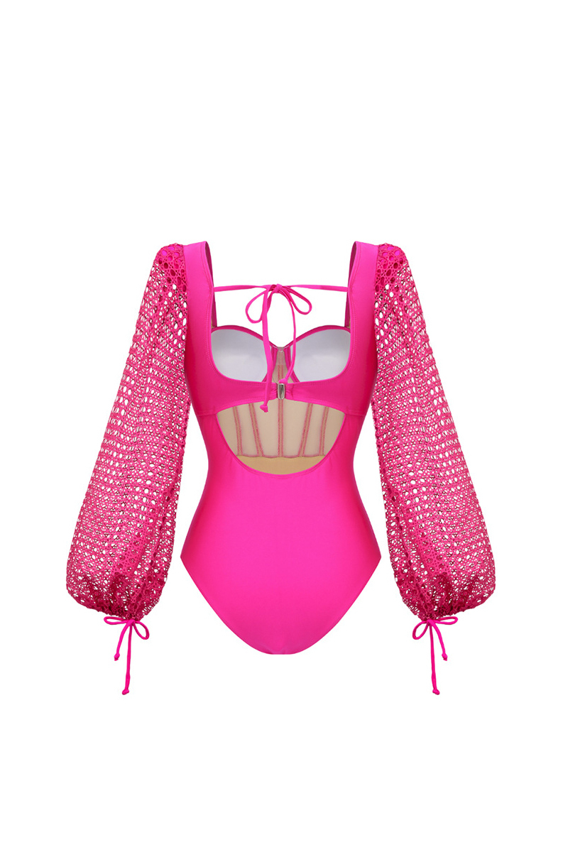 Hollow-Out Long-Sleeved Herringbone One-Piece Swimsuit and Cover-Up