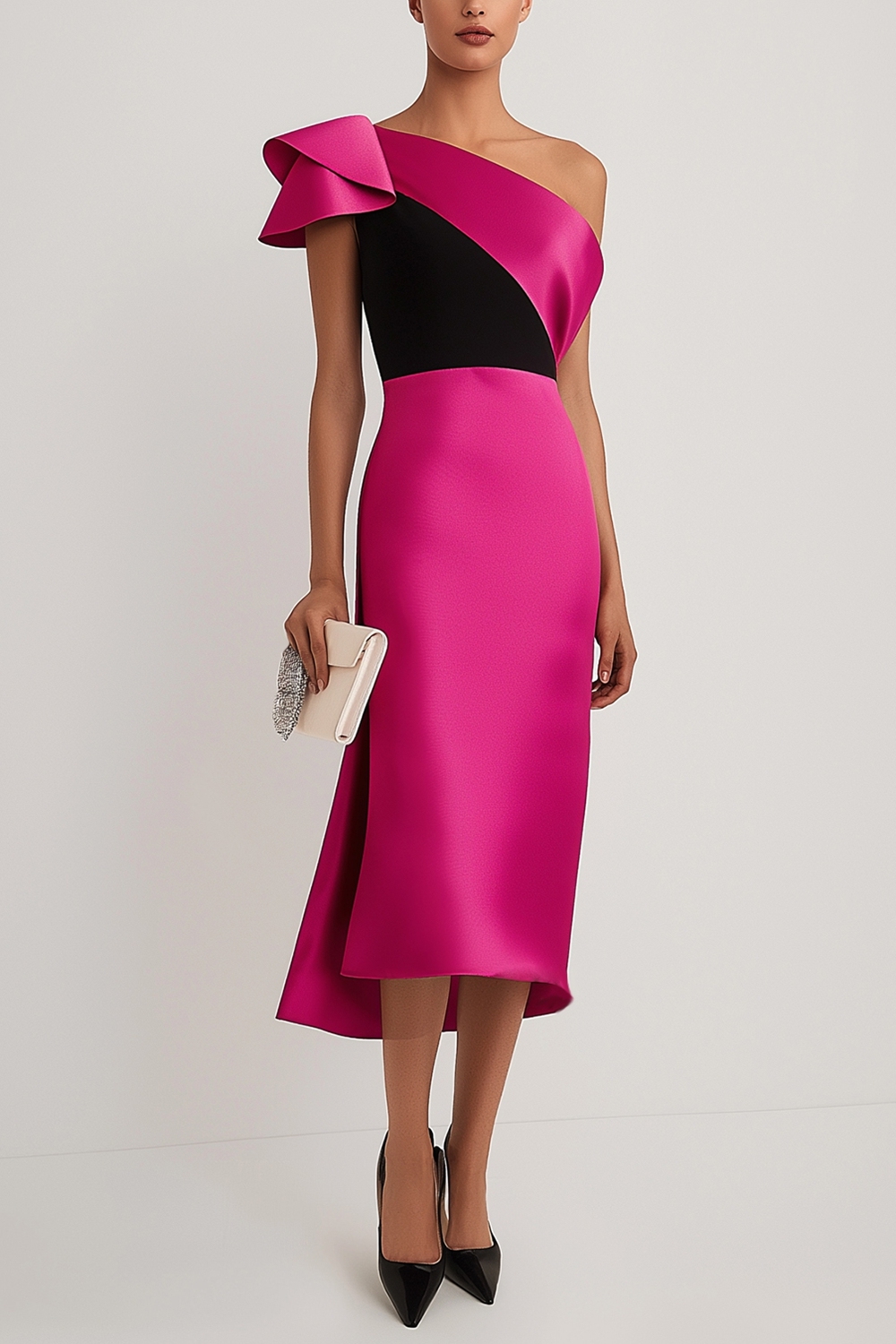 Formal Evening Pink Black One-Shoulder Dress Asymmetrical Ruffle Satin