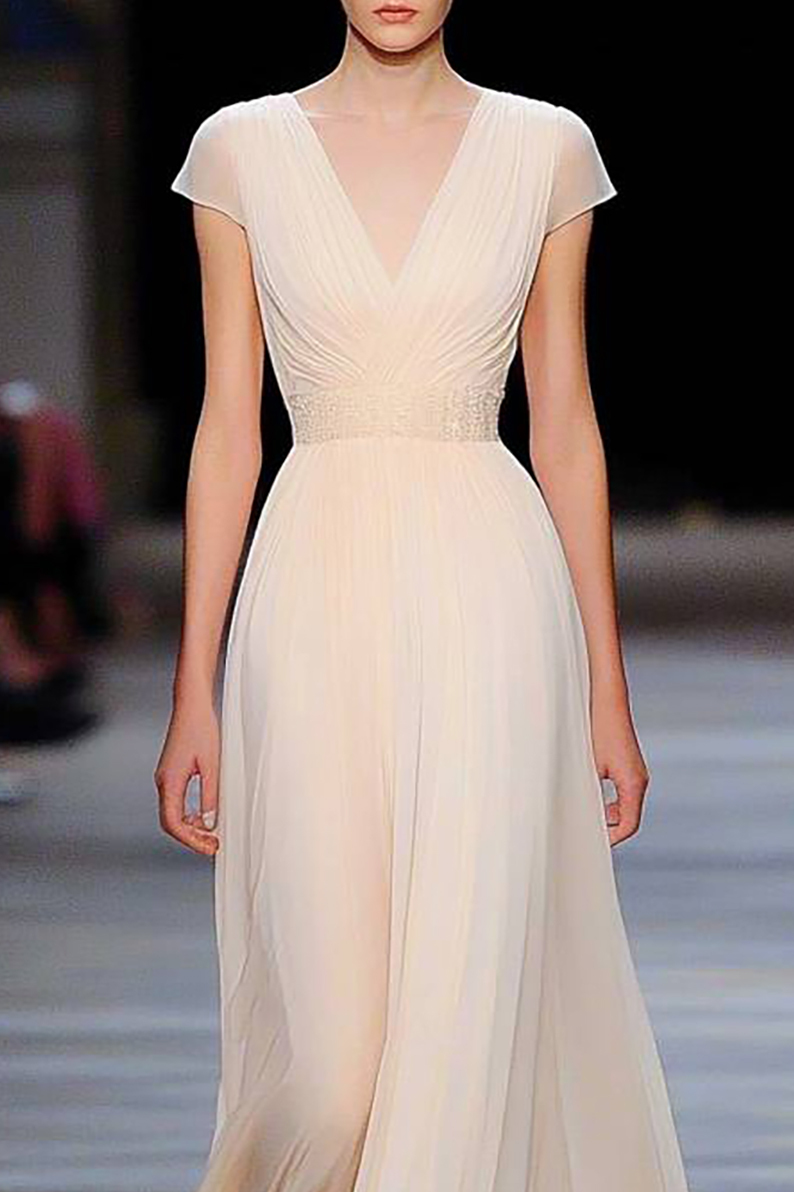 Evening Formal Beige Dress V-Neck Chiffon Pleated Floor-Length Dress