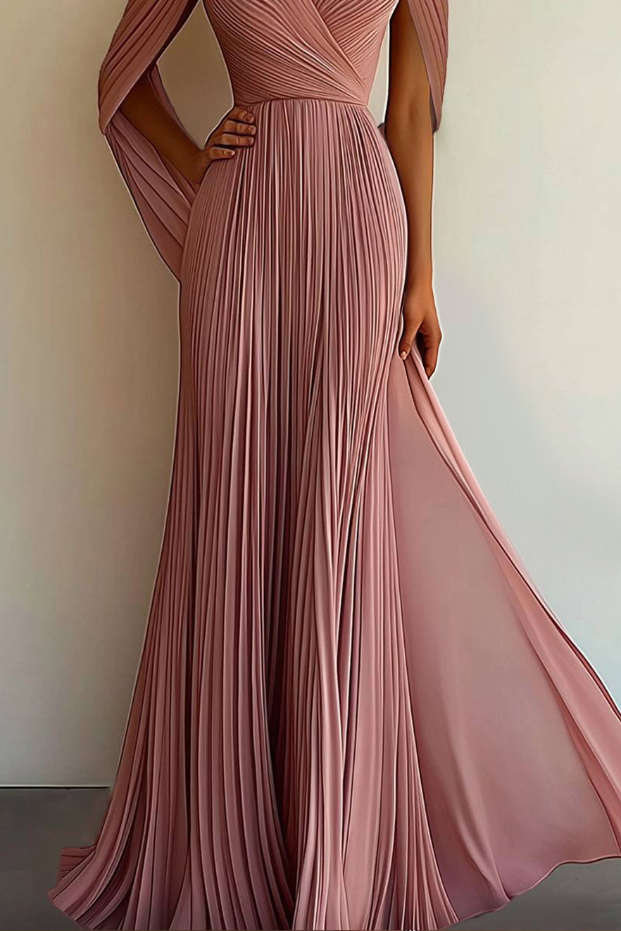 Party Prom Dress Pleated Cross V-neck Cape Sleeve Floor-length Gown