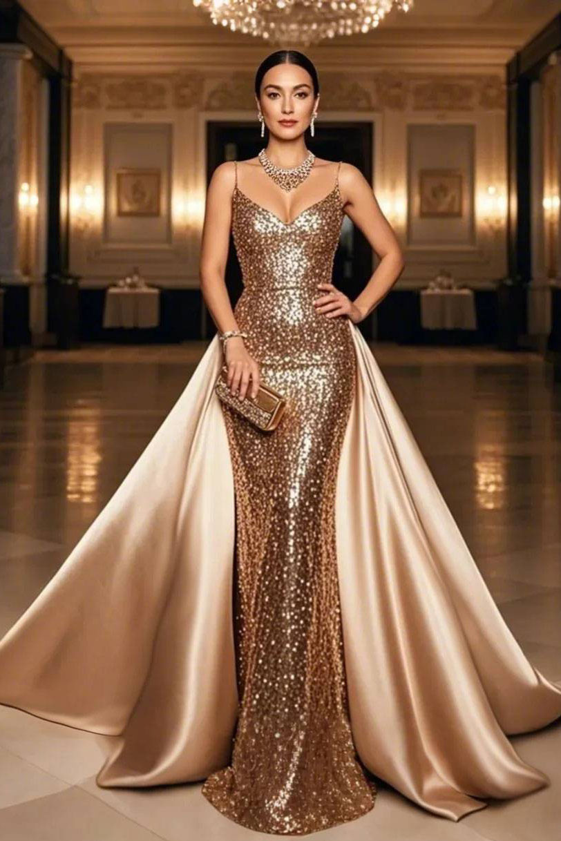 Formal Evening Sequin Dress Champagne Slip Satin Train Gown