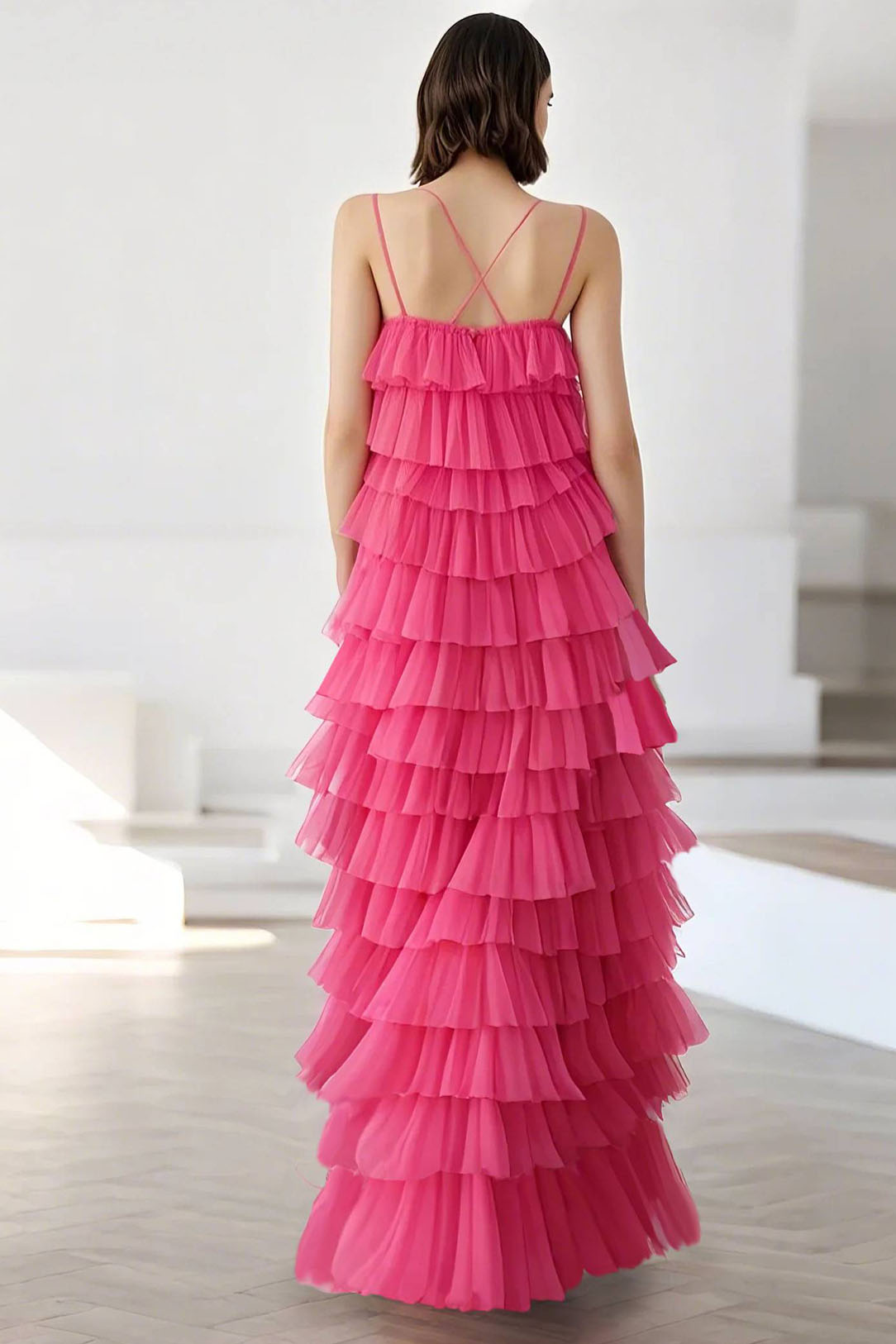Prom Party Spaghetti Strap Dress Pink Tulle Layered Ruffle Floor-Length Gown