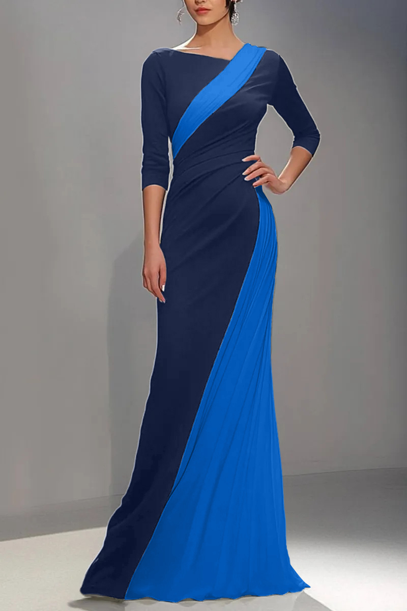 Formal Evening Gown Black White Long-Sleeve Floor-Length Maxi Dress