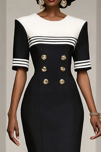 Work Dress Black White Crew Neck Colorblock Midi Dress