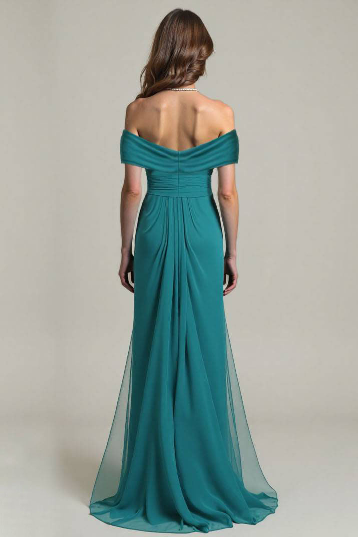 Formal Evening Chiffon Dress Green Off-Shoulder Floor-Length Dress