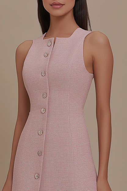 Party Daily Dress Square Neck Pink Sleeveless Button Mini Dress