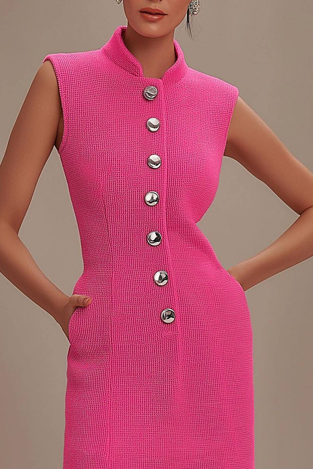 Work Dress Pink Sleeveless Buttoned Pocket Mini Dress