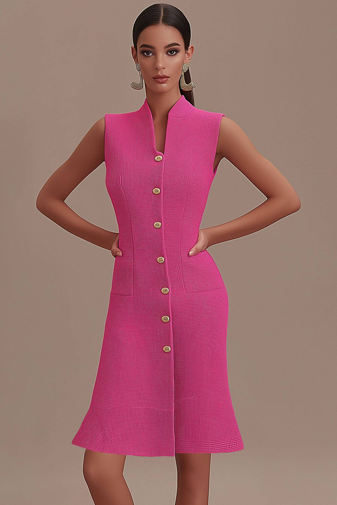 Business Semi-Formal Dress Pink Fitted Sleeveless Flared Midi Dress