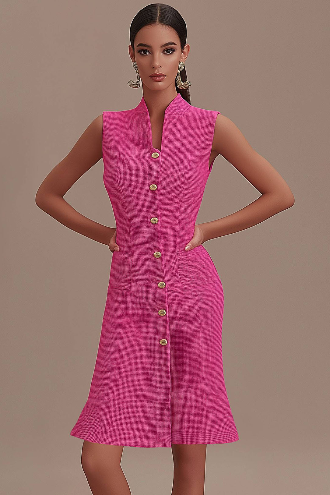 Business Semi-Formal Dress Pink Fitted Sleeveless Flared Midi Dress