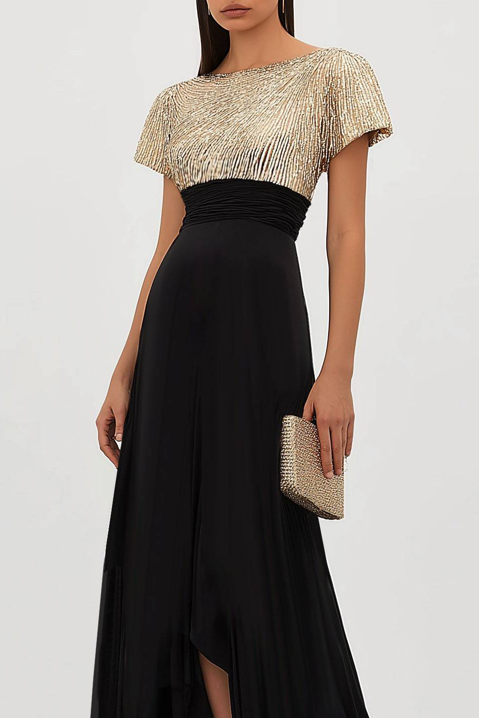Elegant Formal Dress Black Gold Round Neck Metallic Ruched Maxi Dress