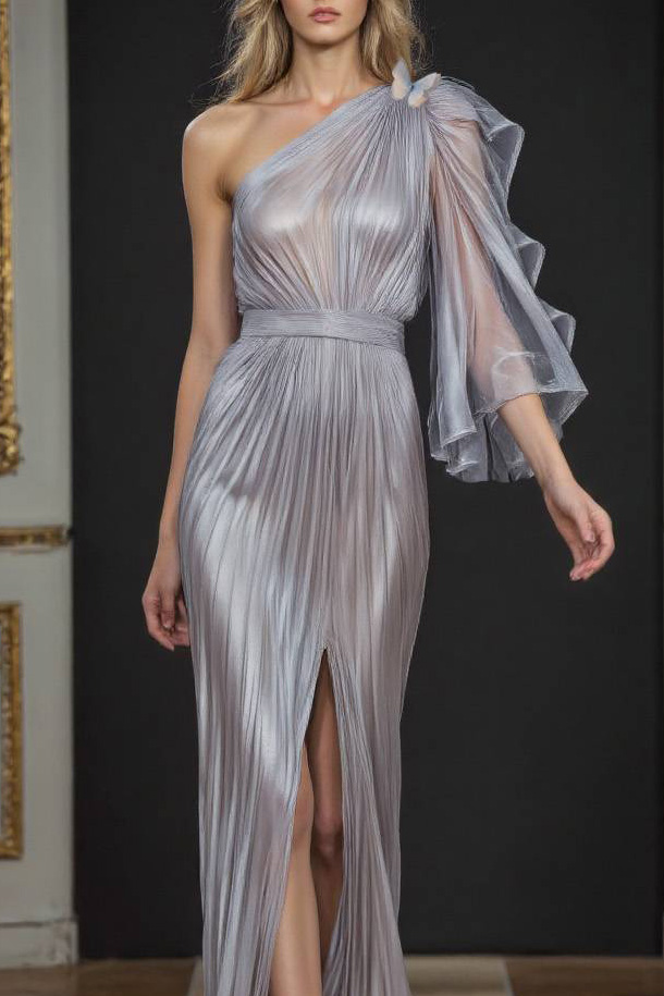 Elegant Party Dress Light Purple One Shoulder Bow High Slit Maxi Dress