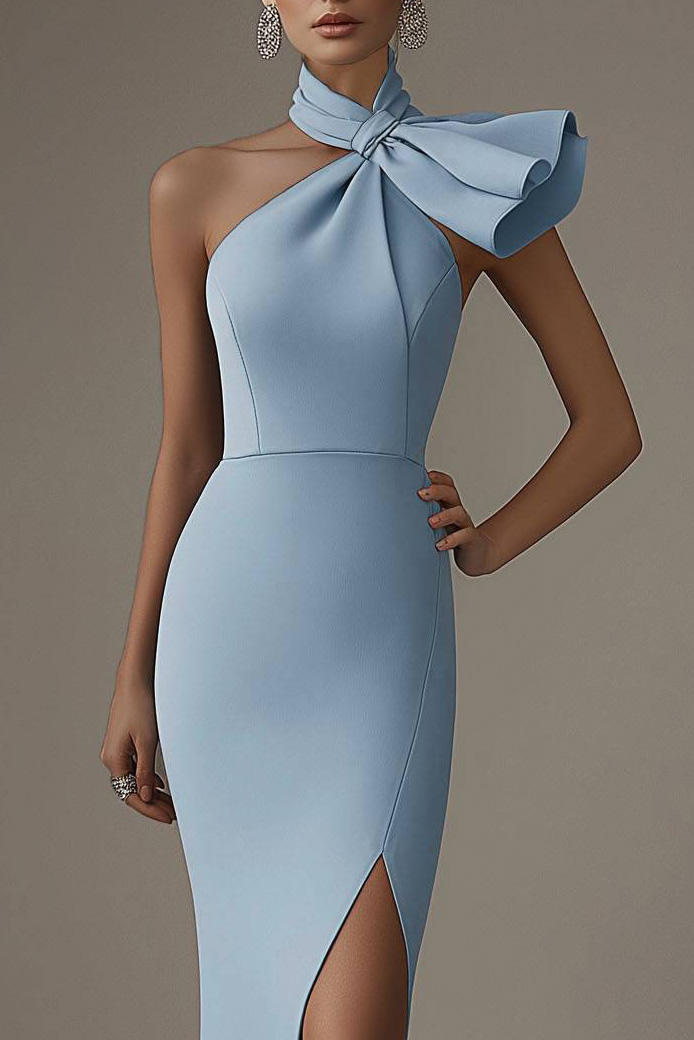 Semi-Formal Party Dress Light Blue Halter Tie Neck Side Slit Maxi Dress