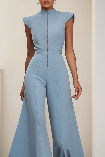 Semi-Formal Party Jumpsuit Blue Small Stand Collar Zipper Flared Pants