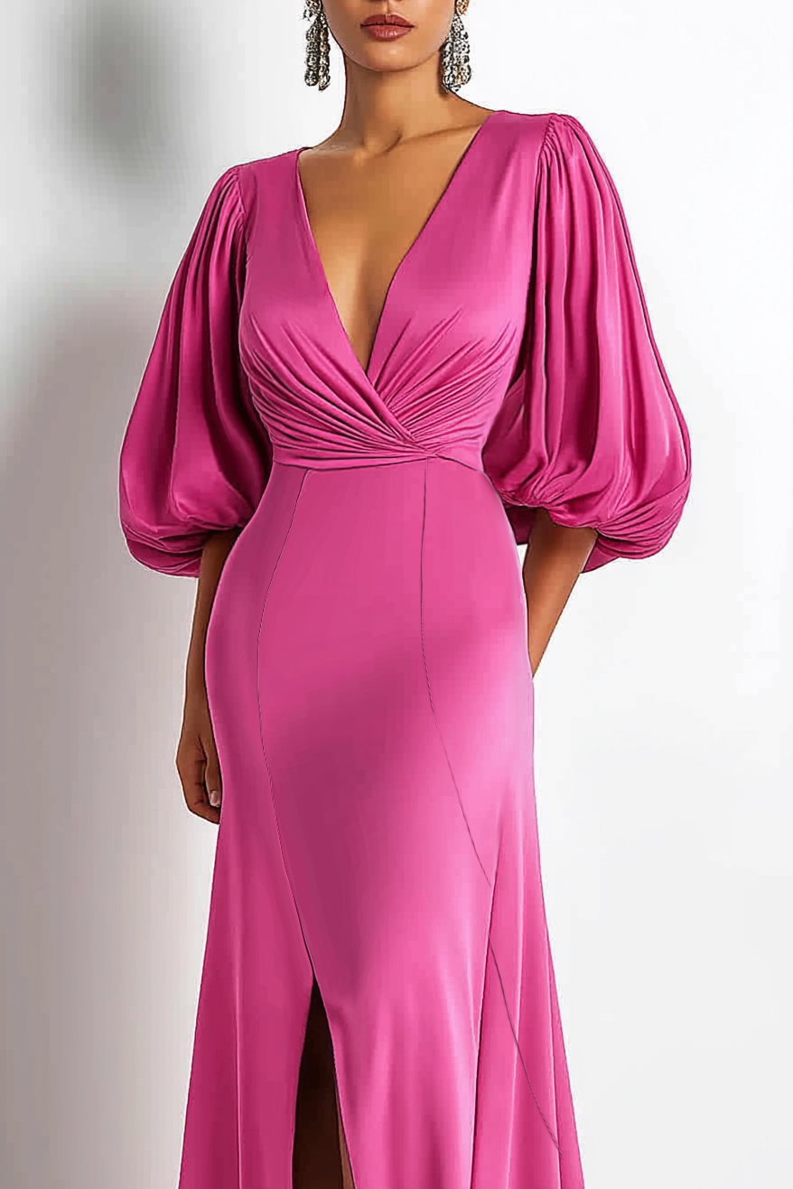 Formal Purple Gown Deep V Bubble Sleeve Side Slit Floor-Length Dress