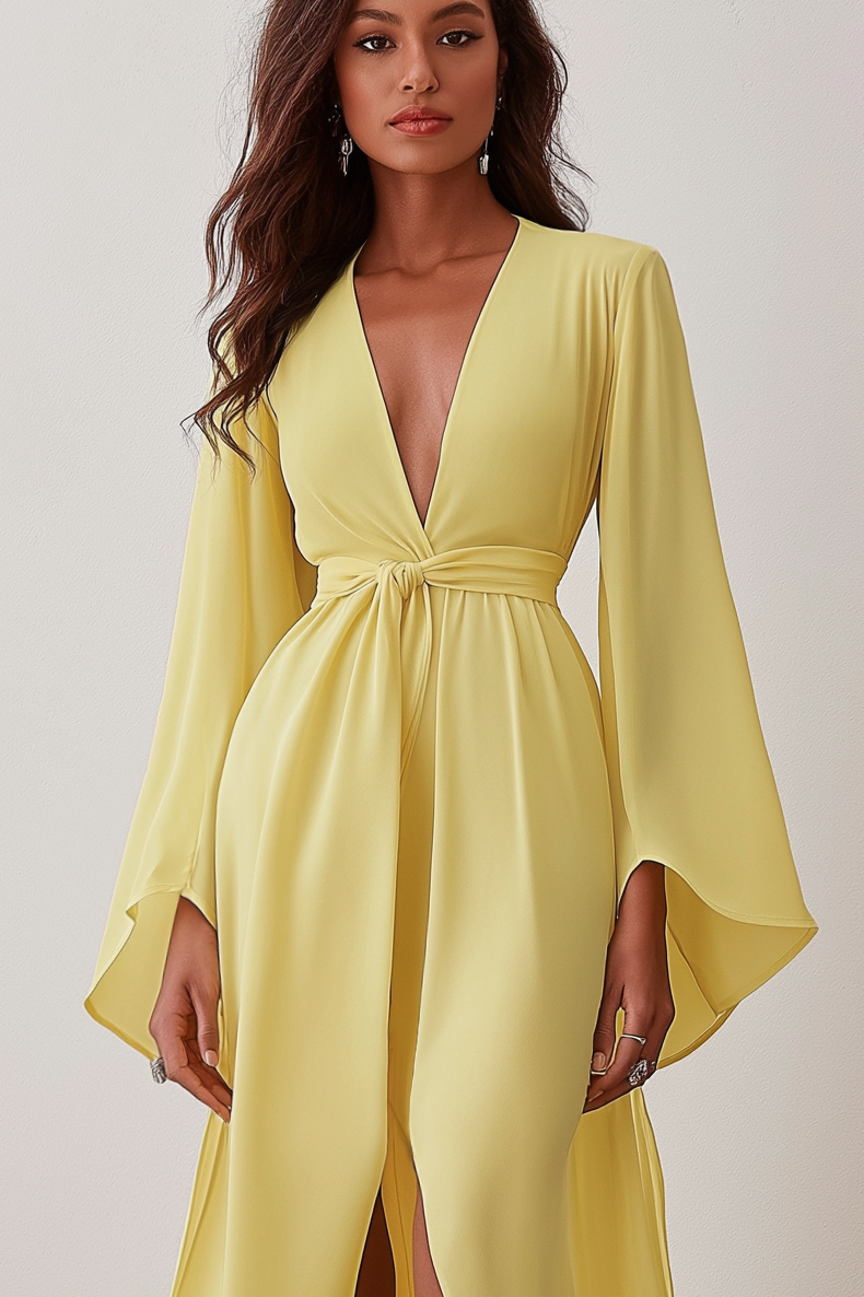 Party Yellow Dress Deep V Tie Waist Bell Sleeve Loose Floor-Length Dress