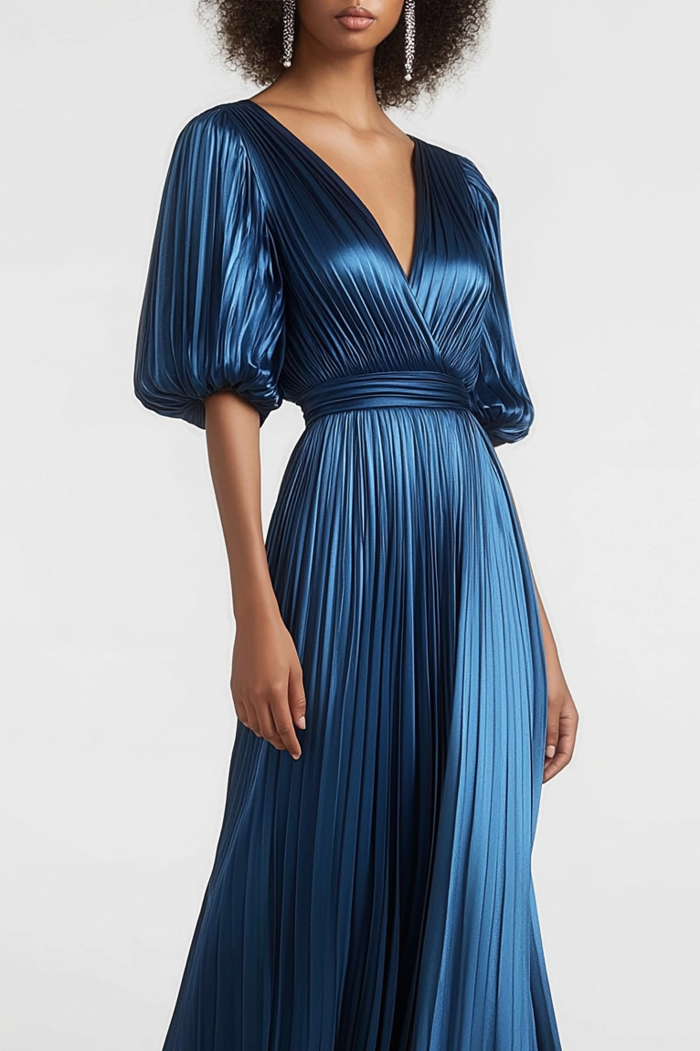 Party Dress Blue Deep V Bubble Sleeve Metallic Fabric Maxi Dress