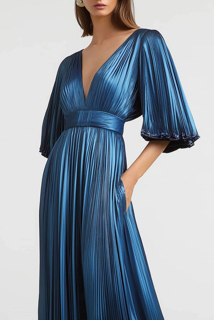 Semi-Formal Party Dress Blue Deep V Metallic Pleated Fabric Pocketed Maxi Dress