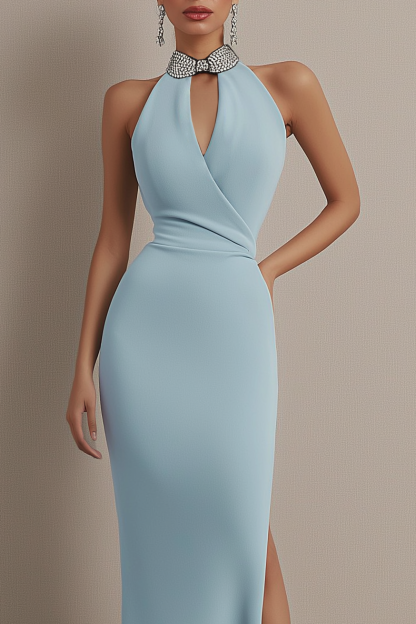 Wedding Guest Dress Light Blue Halter Neck Sleeveless Side Slit Maxi Dress
