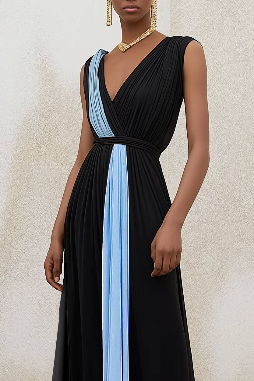 Party Colorblock Dress Black V-Neck Sleeveless Pleated Floor-Length Dress