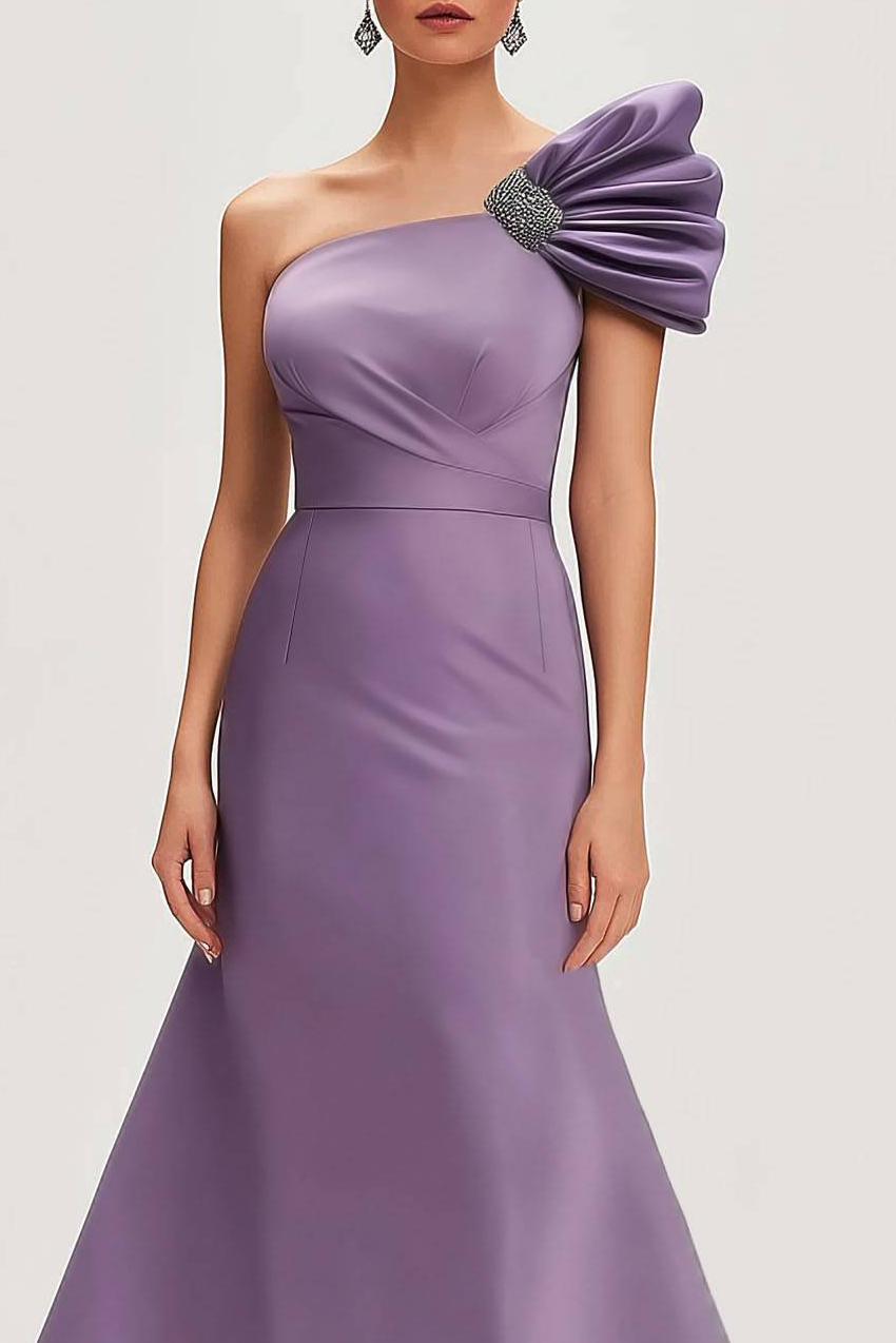 Semi-Formal Party Dress Purple One-Piece Pleated Rhinestone Midi Dress