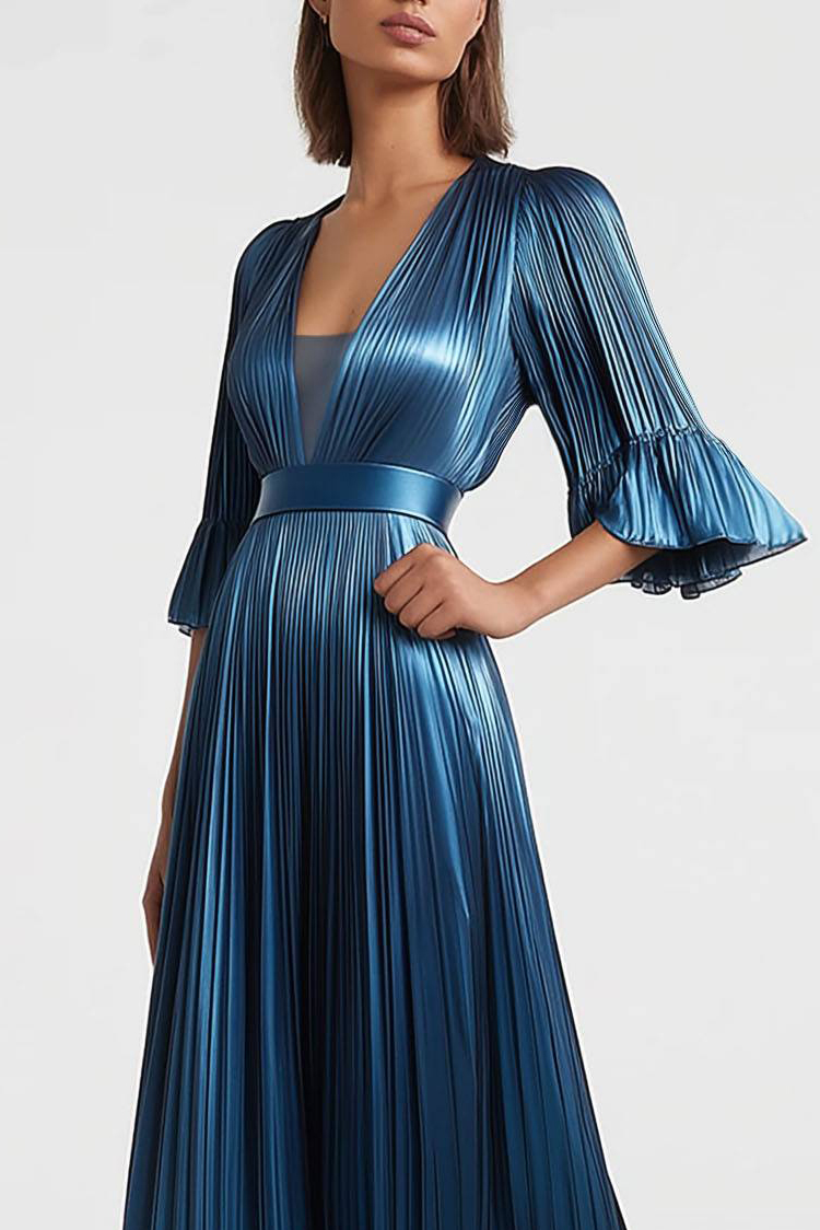 Formal Evening Pleated Dress Blue Metallic Fabric V-Neck Ruffled Maxi Dress