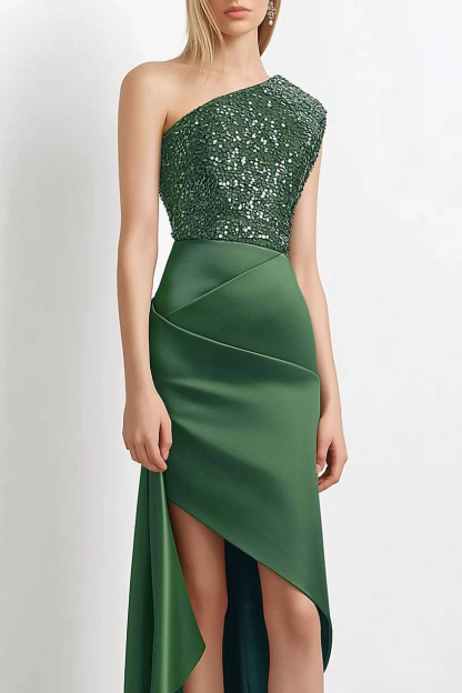 Cocktail Party Dress Green Sequin Satin Panel One-Shoulder Midi Dress