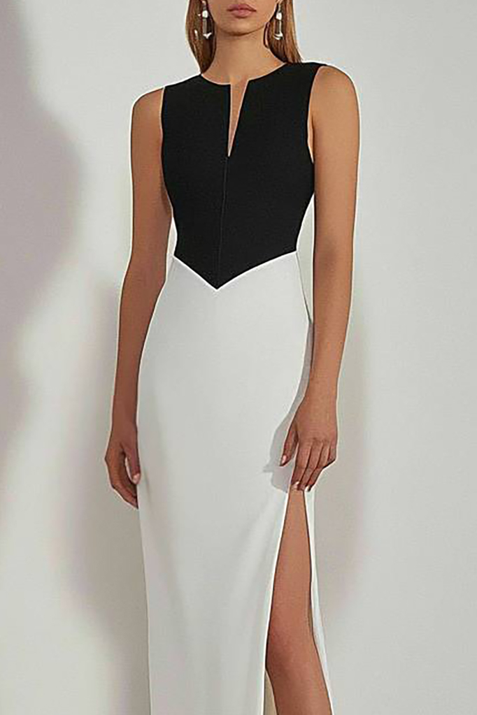 Semi-Formal Party Dress Black White V-Neck Sleeveless High Slit Maxi Dress