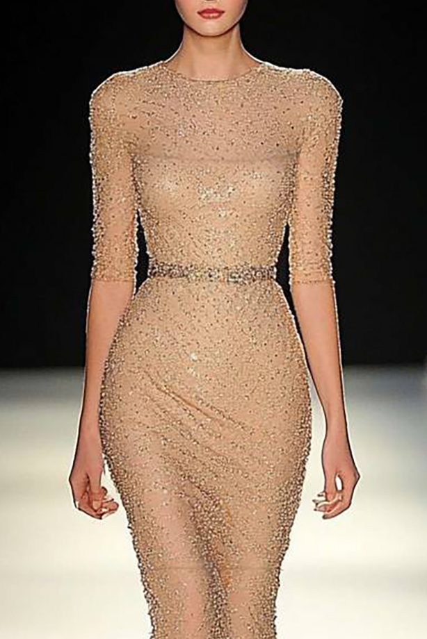 Party Sequin Dress Light Brown Round Neck Half-Sleeve Midi Dress