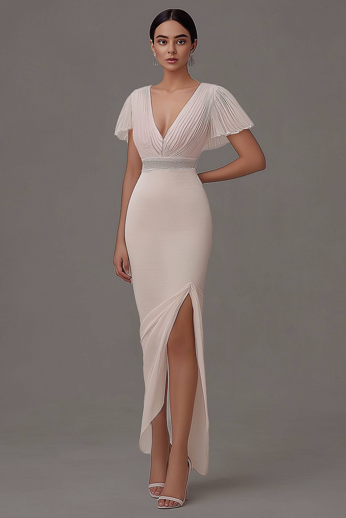 Cocktail Party Dress Light Pink Deep V Ruched Fitted Slit Midi Dress