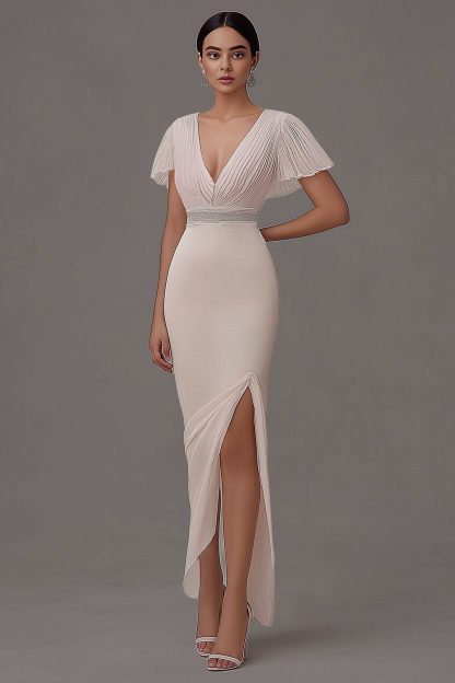 Cocktail Party Dress Light Pink Deep V Ruched Fitted Slit Midi Dress