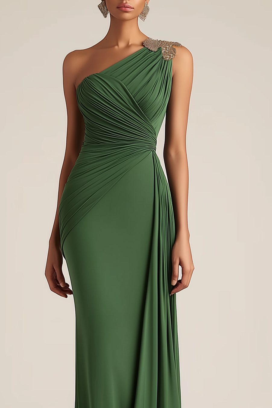 Formal Evening Dress Green One-Shoulder Ruched Floor-Length Dress