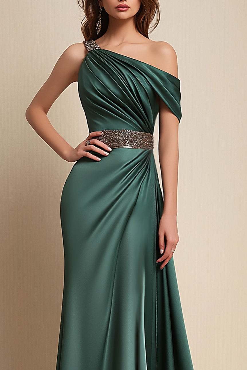 Formal Dress Green One-Shoulder Rhinestone Waist Belt Floor-Length Dress