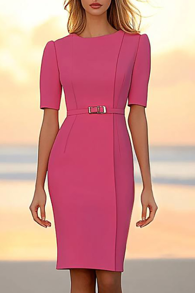 Work Semi-Formal Dress Pink Half Sleeve Round Neck Knee-Length Dress
